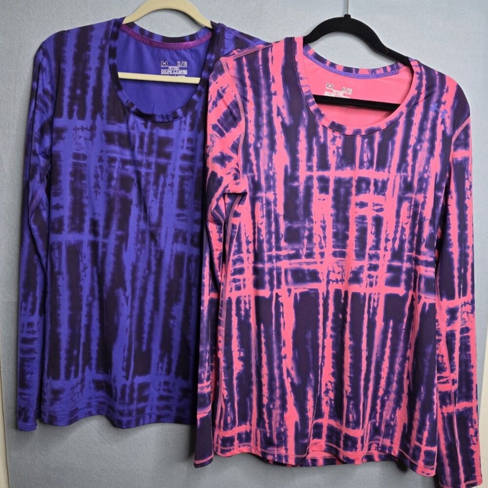 2 Under Armour Women's XL Fitted Pink Purple Tie Dye Heat Gear Long Sleeve Shirt